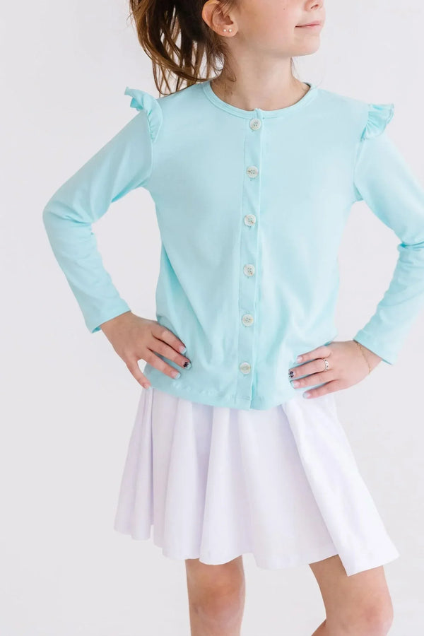 Girls light blue ruffle cardigan by Mila & Rose long sleeve with button front