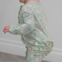 Mint Butterfly Daisy Bamboo Ruffle Baby Footie in soft bamboo with butterfly and daisy print, ruffles, 2-way zipper.