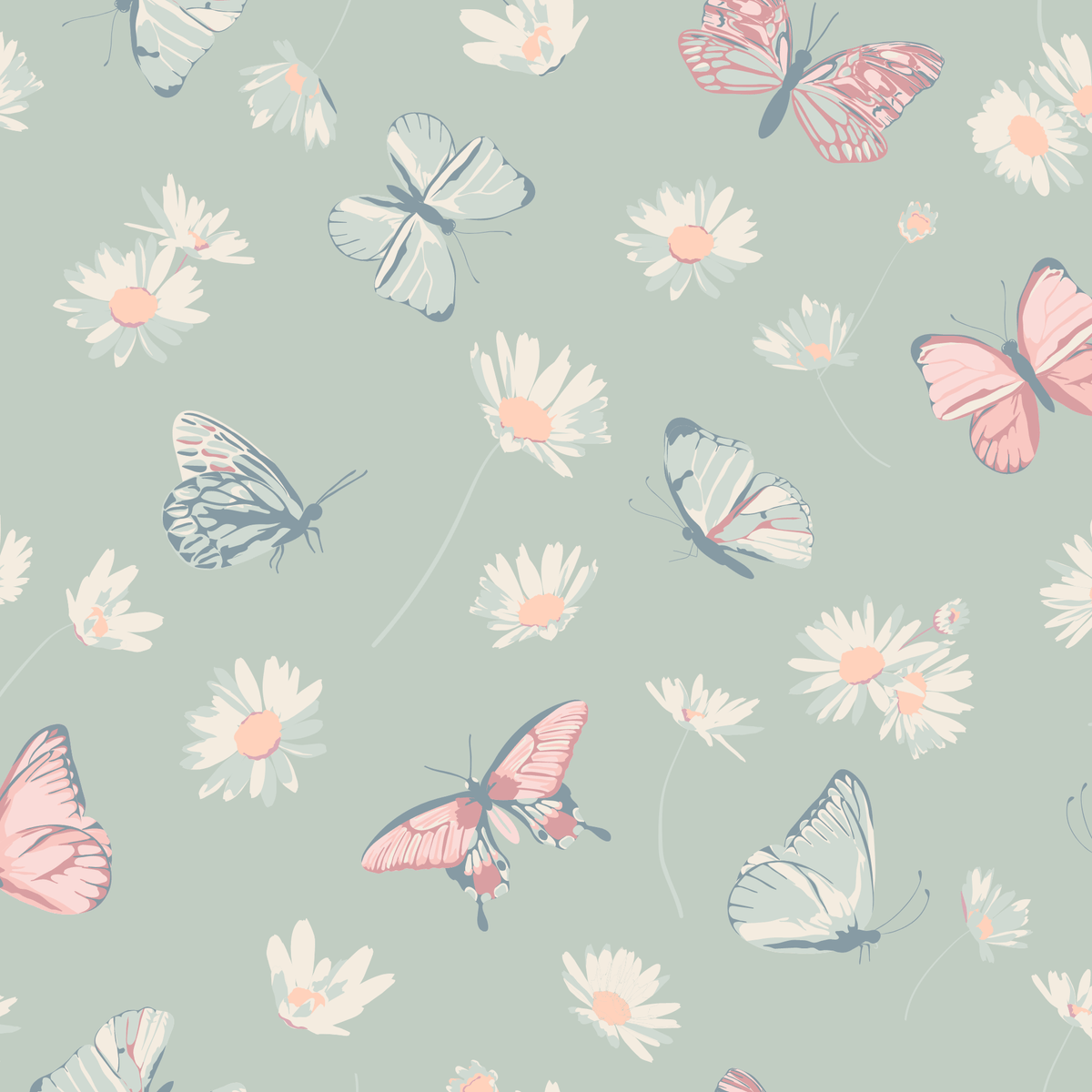 Mint Butterfly Daisy Bamboo Ruffle Baby Footie pattern featuring butterflies and daisies on a soft mint background.