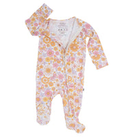 Retro vintage floral baby footie with side ruffles, 2-way zipper, and no-slip grips. Soft hypoallergenic fabric.