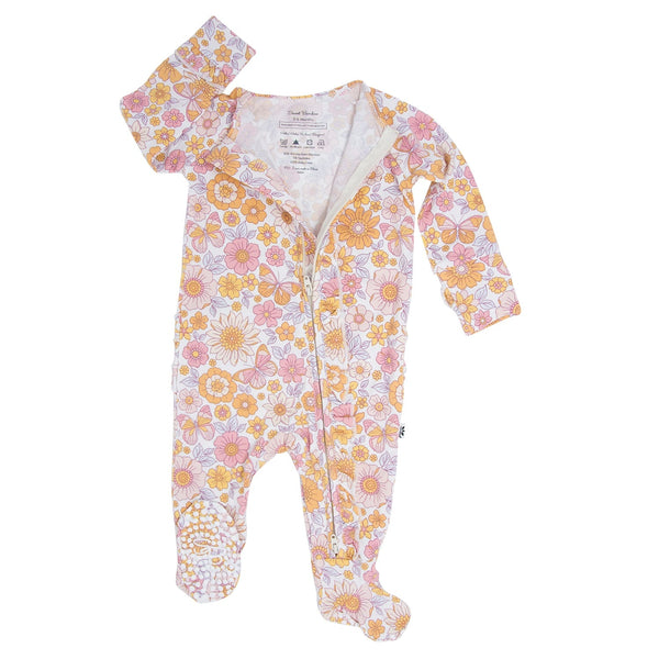 Retro vintage floral baby footie with side ruffles, 2-way zipper, and no-slip grips. Soft hypoallergenic fabric.