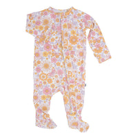 Retro vintage floral ruffle footie with 2-way zipper, silky hypoallergenic fabric, and no-slip grips for babies.