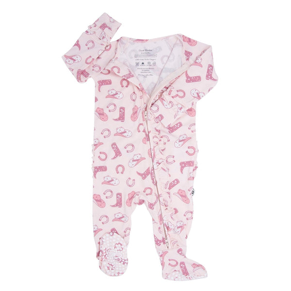 Pink Western Boots Ruffle Baby Footie 2 Way Zip - The Palm Beach Baby Sweet Bamboo