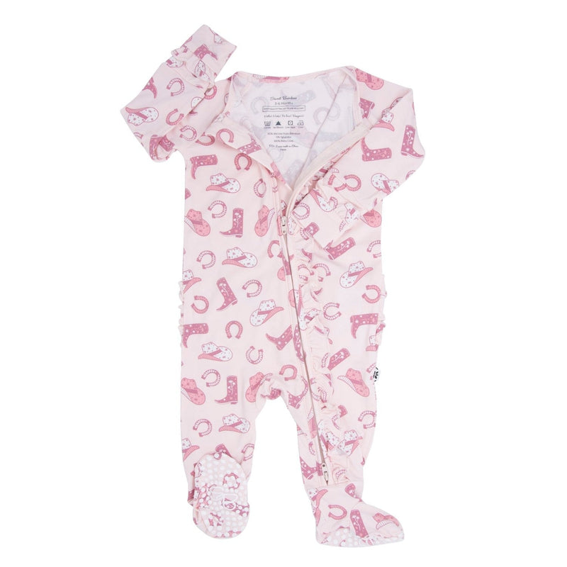 Pink Western Boots Ruffle Baby Footie 2 Way Zip - The Palm Beach Baby Sweet Bamboo