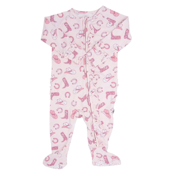 Pink Western Boots Ruffle Baby Footie 2 Way Zip - The Palm Beach Baby Sweet Bamboo