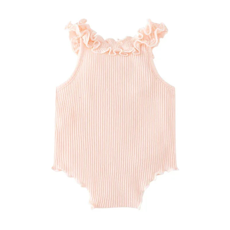 peach ruffle knit baby romper for infants with sleeveless ruffle detail on shoulders