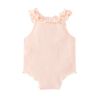 peach ruffle knit baby romper for infants with sleeveless ruffle detail on shoulders