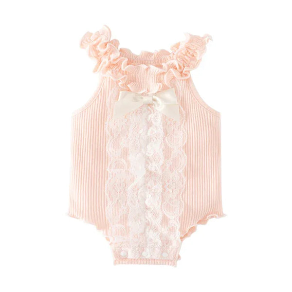 pink ruffle knit baby romper with lace and bow detail for infants