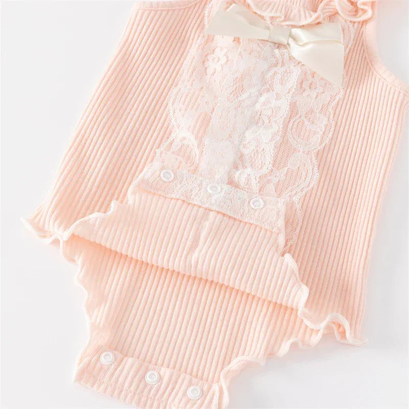 pink ruffle knit baby romper with lace and bow for newborn baby