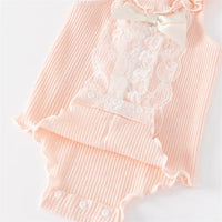 pink ruffle knit baby romper with lace and bow for newborn baby