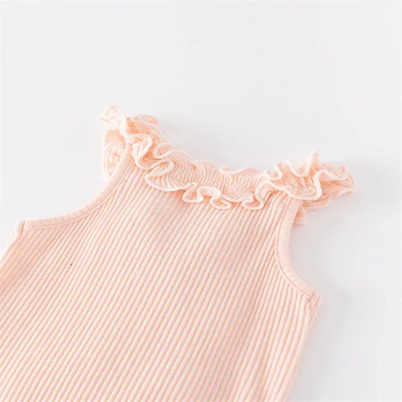 peach ruffle knit baby romper for infants featuring sleeveless design and soft textured fabric