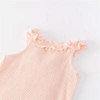 peach ruffle knit baby romper for infants featuring sleeveless design and soft textured fabric