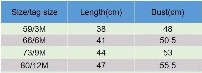 Size chart for ruffle knit baby romper showing length and bust measurements in centimeters for ages 3 to 12 months