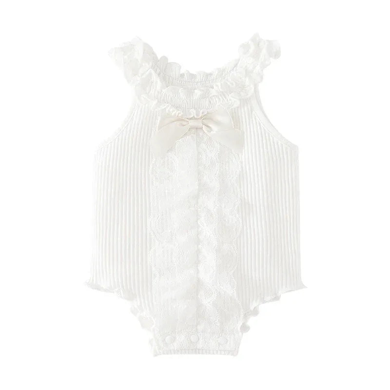 white ruffle knit baby romper for infants with lace detail and bow