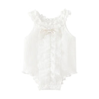 white ruffle knit baby romper for infants with lace detail and bow
