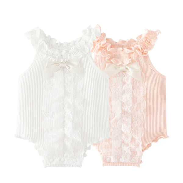 White and pink ruffle knit baby romper with lace and bow detail for infants