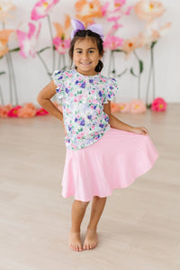 Girls white floral ruffle tee short sleeve with pink skirt and purple hair bow