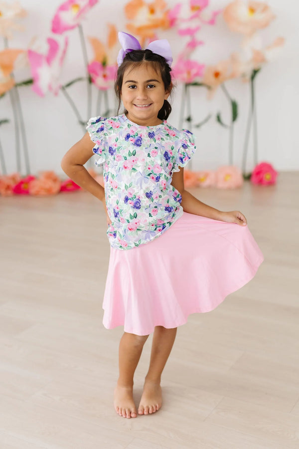 Girls white floral ruffle tee short sleeve with pink skirt and purple hair bow