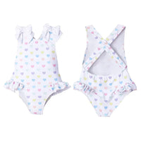 White ruffled heart print toddler swimsuit with pastel hearts and shoulder bows for toddlers