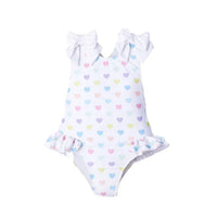 White ruffled heart print toddler swimsuit with pastel hearts and bow shoulder straps