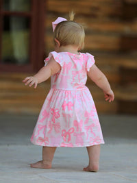 Rylee Faith Designs Bow Print Girls Dress - Pink Ruffle Sleeve - The Palm Beach Baby