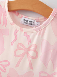 Rylee Faith Designs Bow Print Girls Dress - Pink Ruffle Sleeve - The Palm Beach Baby