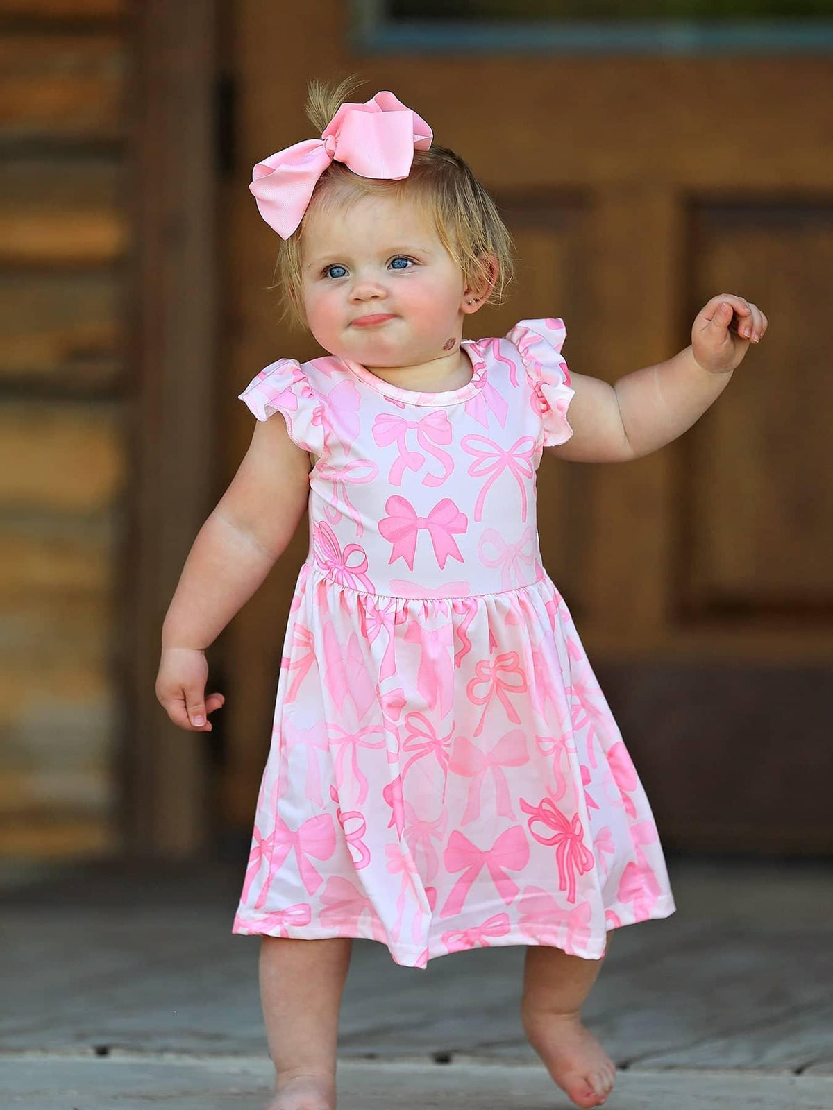 Rylee Faith Designs Bow Print Girls Dress - Pink Ruffle Sleeve - The Palm Beach Baby