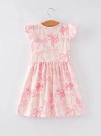 Rylee Faith Designs Bow Print Girls Dress - Pink Ruffle Sleeve - The Palm Beach Baby