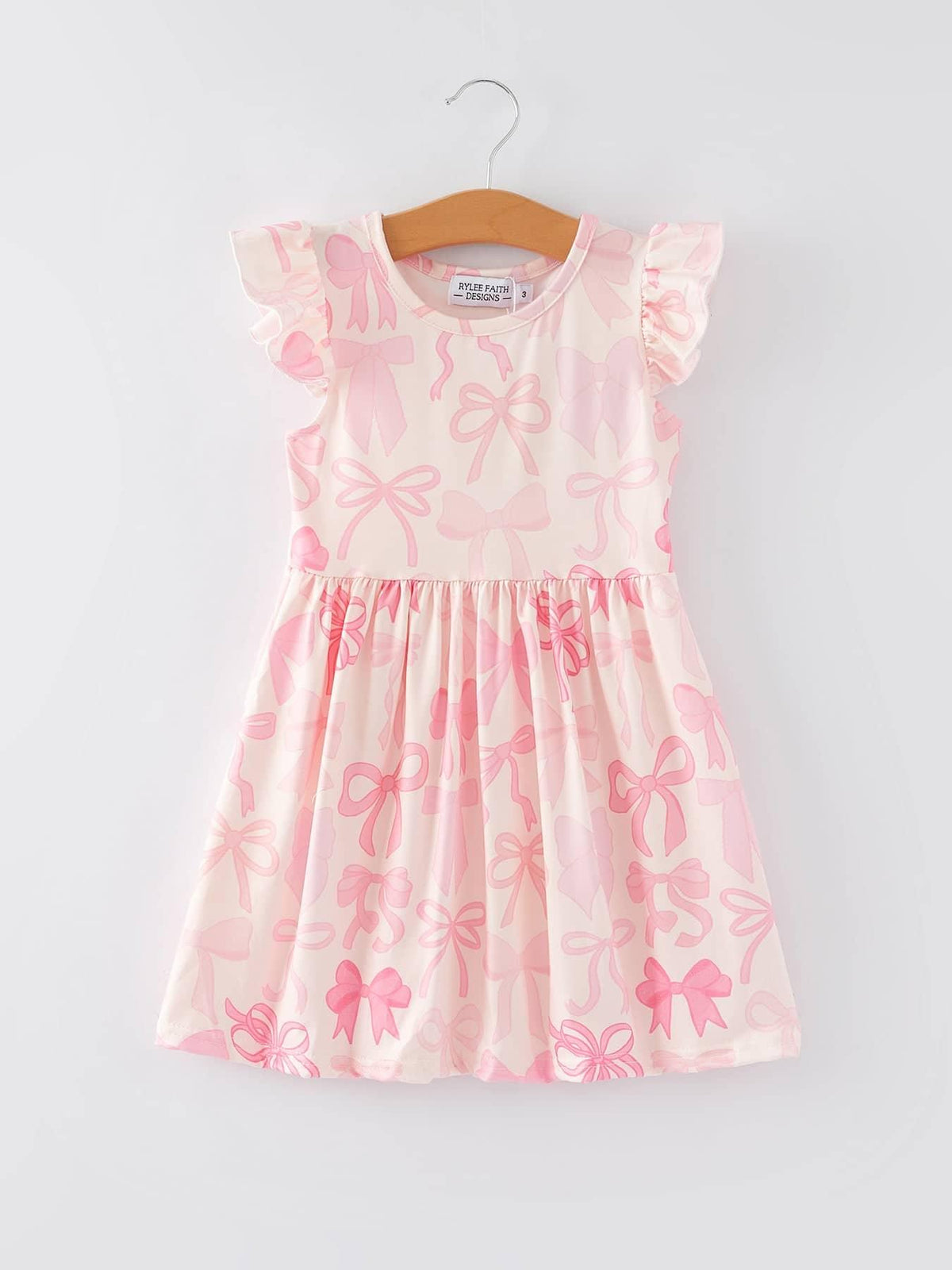Rylee Faith Designs Bow Print Girls Dress - Pink Ruffle Sleeve - The Palm Beach Baby