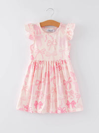 Rylee Faith Designs Bow Print Girls Dress - Pink Ruffle Sleeve - The Palm Beach Baby
