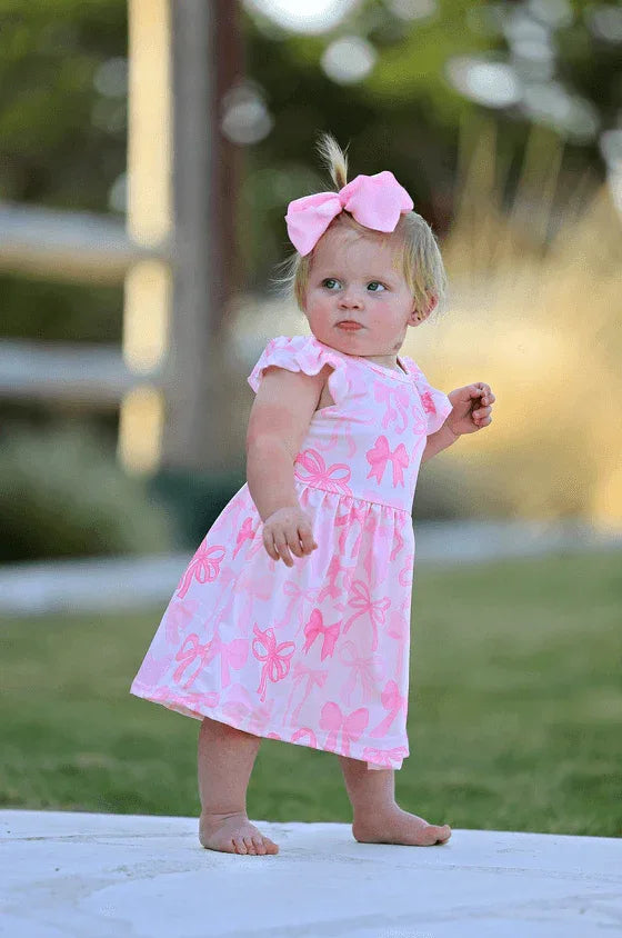 Rylee Faith Designs Bow Print Girls Dress - Pink Ruffle Sleeve - The Palm Beach Baby