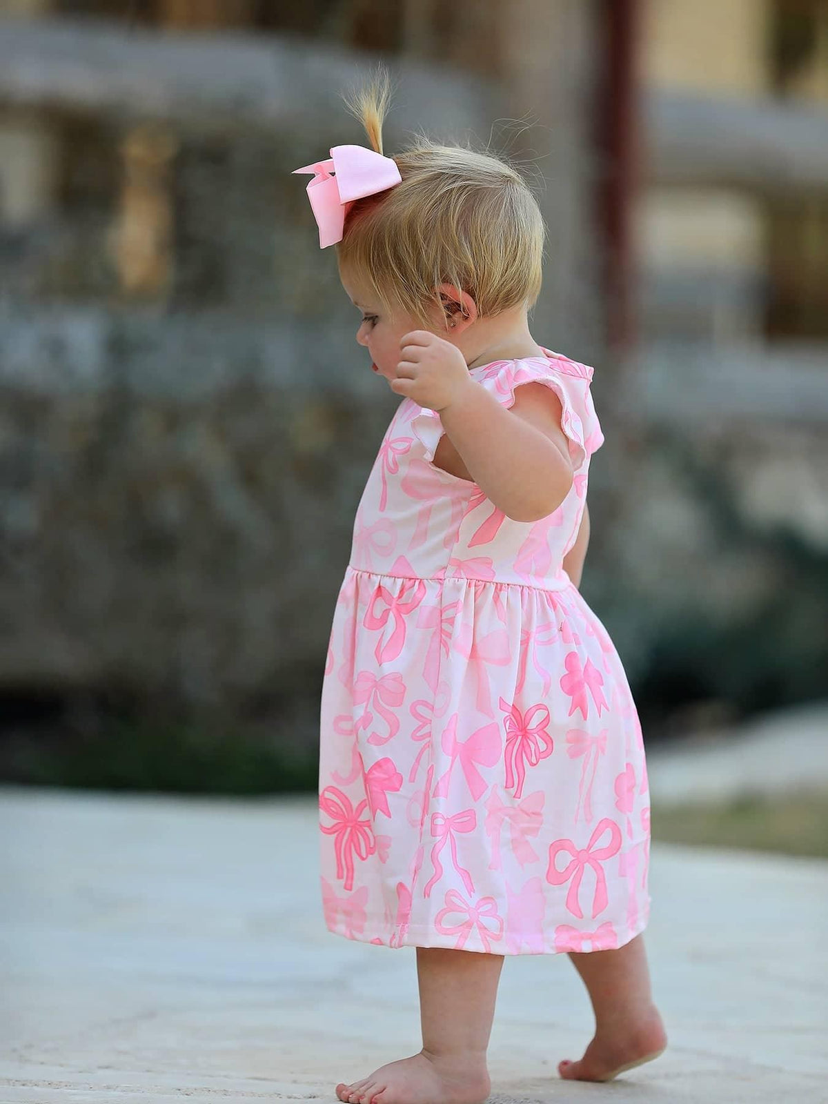 Rylee Faith Designs Bow Print Girls Dress - Pink Ruffle Sleeve - The Palm Beach Baby