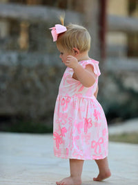 Rylee Faith Designs Bow Print Girls Dress - Pink Ruffle Sleeve - The Palm Beach Baby