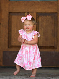 Rylee Faith Designs Bow Print Girls Dress - Pink Ruffle Sleeve - The Palm Beach Baby
