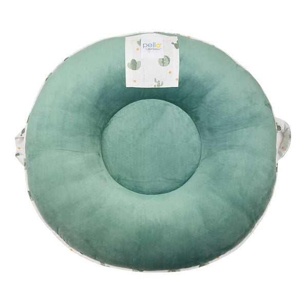 Round sage floor cushion for toddlers in soft fabric with cactus print handles