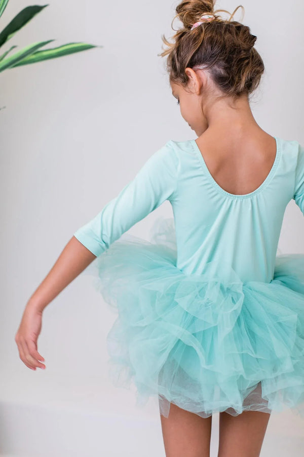 Girls sage tutu leotard for girls with 3/4 sleeves and layered tulle skirt by Mila Rose