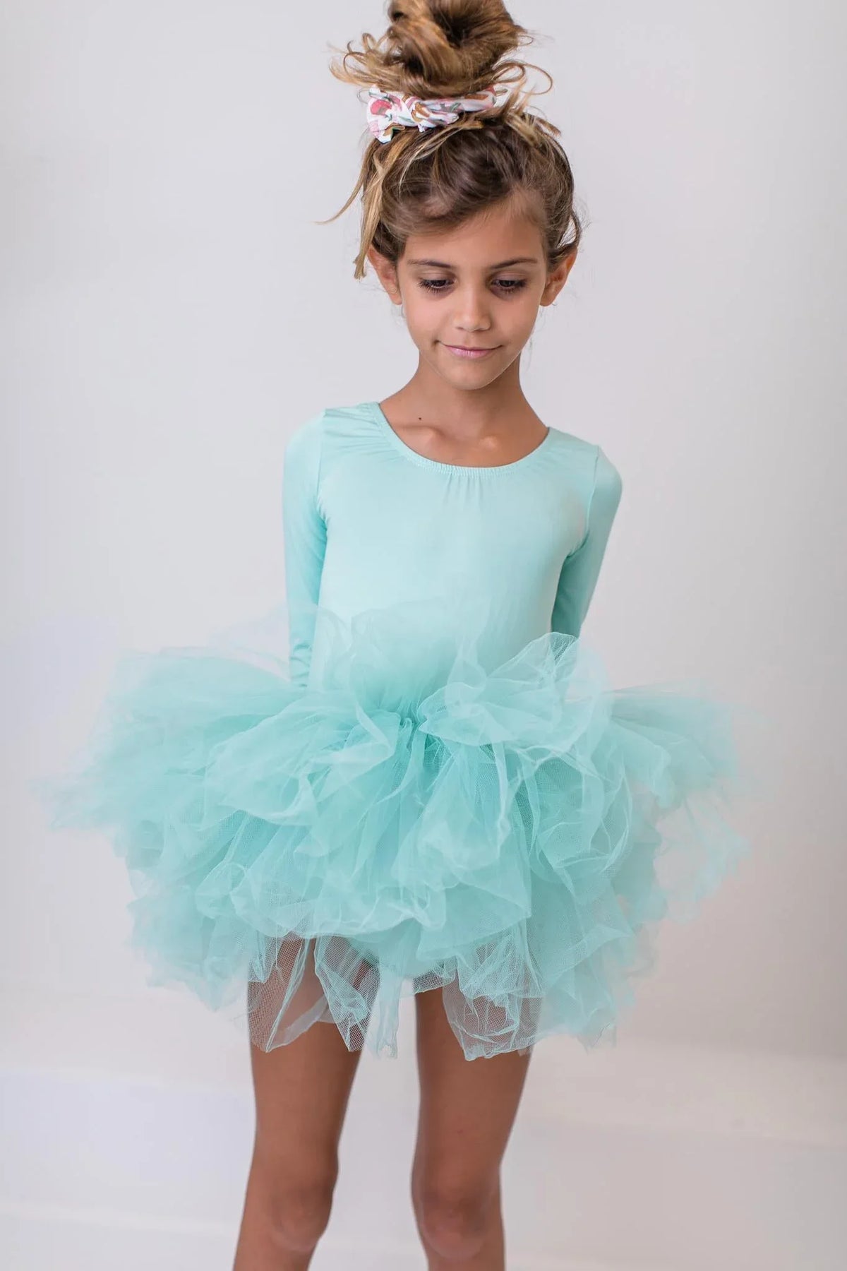 Girls sage tutu leotard for girls with 3/4 sleeves and layered tulle skirt