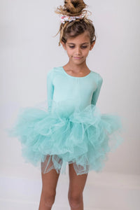 Girls sage tutu leotard for girls with 3/4 sleeves and layered tulle skirt