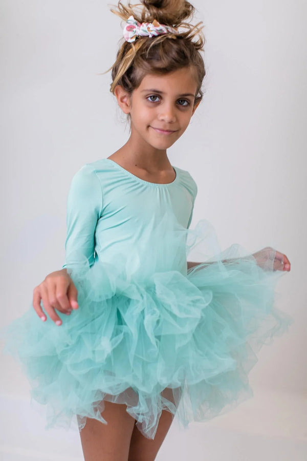 Girls sage tutu leotard for girls with 3/4 sleeves and fluffy layered tulle skirt