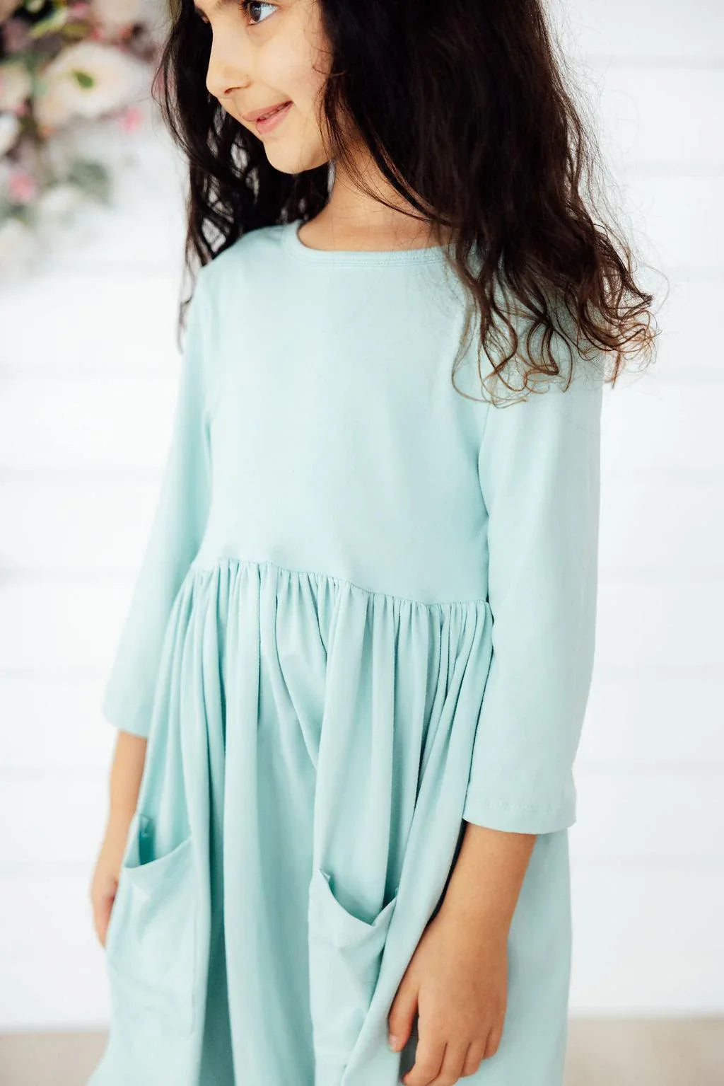 Girls sage twirl dress for girls by Mila & Rose, 3/4 sleeve pocket dress for young girls