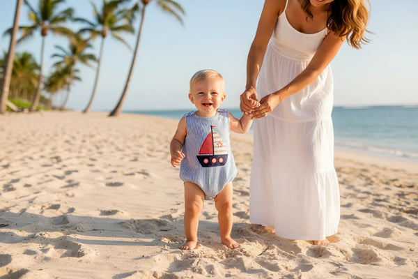 Little Sailboat Embroidered Boys Sleeveless Bubble - The Palm Beach Baby Estimated 12 - 20 Day Shipping