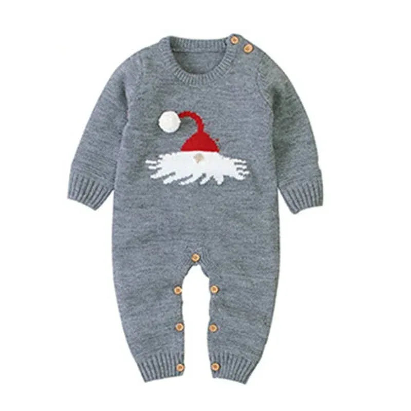 Gray knit Santa baby knit romper for infants with red and white Santa hat design and button closures