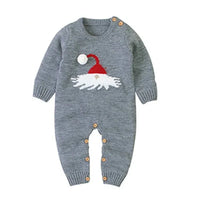 Gray knit Santa baby knit romper for infants with red and white Santa hat design and button closures