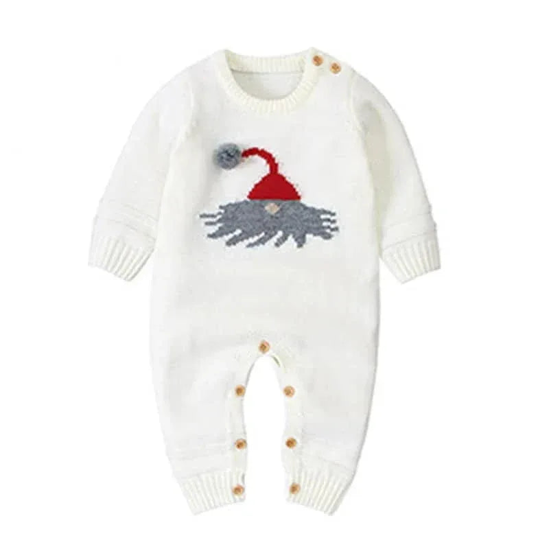 White Santa baby knit romper for infants with grey and red Santa hat design and button closures