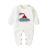 White Santa baby knit romper for infants with grey and red Santa hat design and button closures