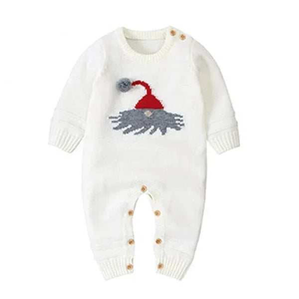 White Santa baby knit romper for infants with grey and red Santa hat design and button closures