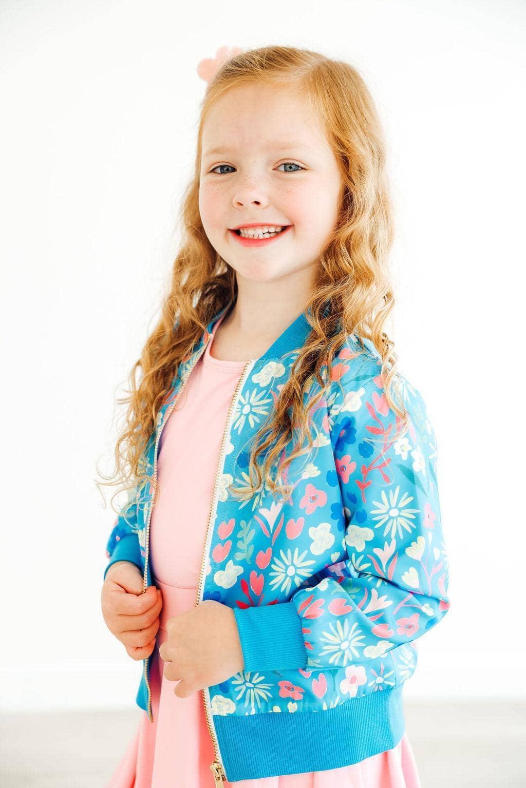 Girls blue floral satin jacket with ribbed cuffs and waistband by Mila & Rose