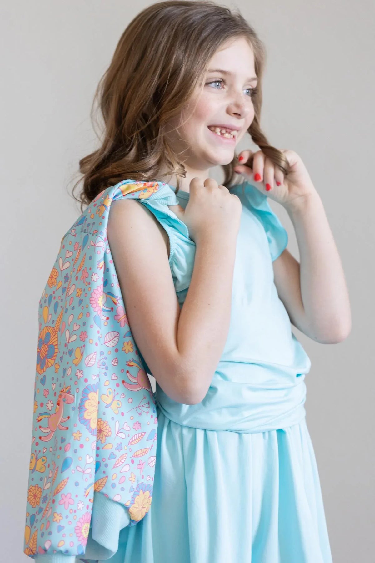Girls light blue satin jacket with colorful floral pattern, long sleeve by Mila & Rose