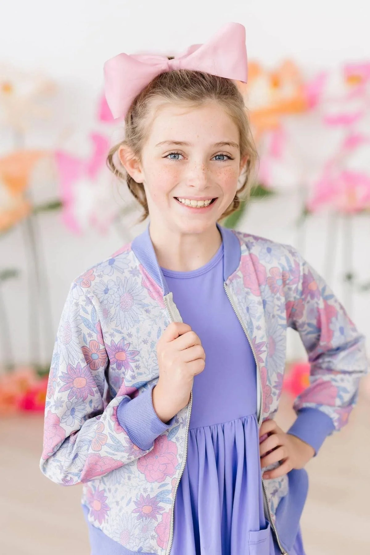 Girls lavender floral shimmer satin jacket with ribbed cuffs and collar, size for children