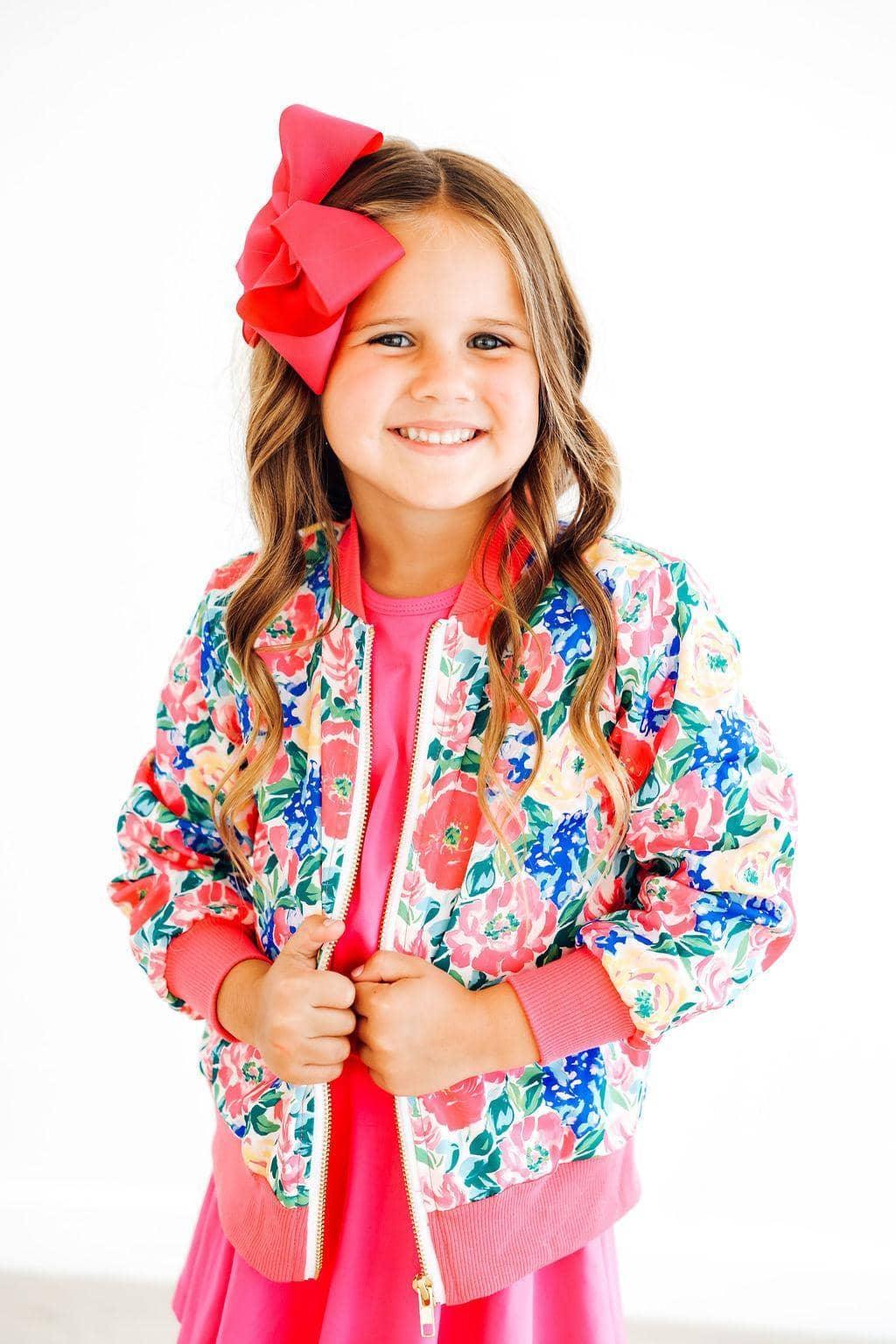 girls floral satin jacket in pink with ribbed cuffs and collar by Mila & Rose